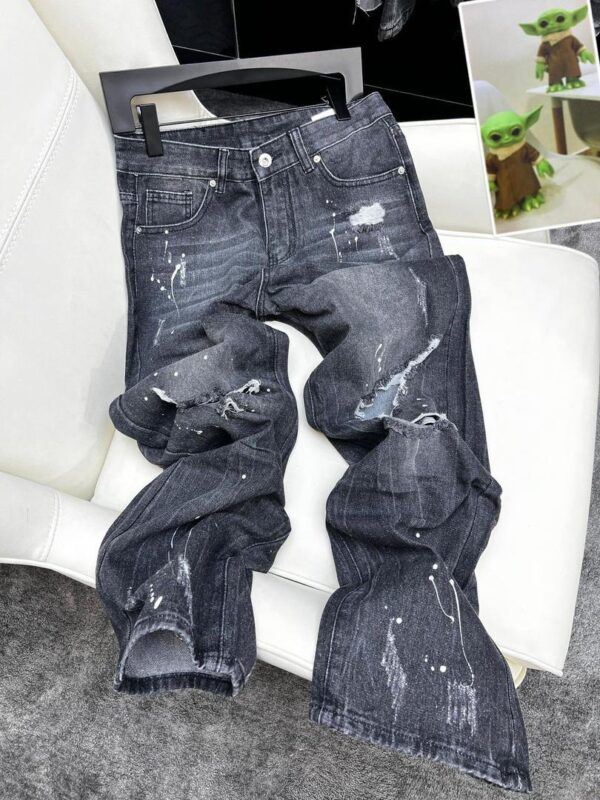 Mens Jeans Men Fashion Black Jeans Stitching Slim Pants Holes Paint Pants Zipper Trousers Casual Clothing(FREE DELIVERY)