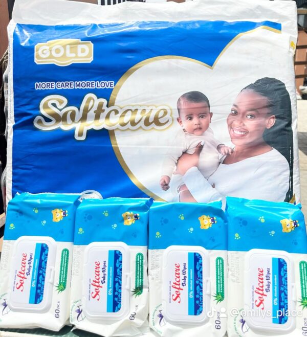 Combo pack  1 jumbo Softcare diapers plus 4pcs Softcare wipes(FREE DELIVERY)