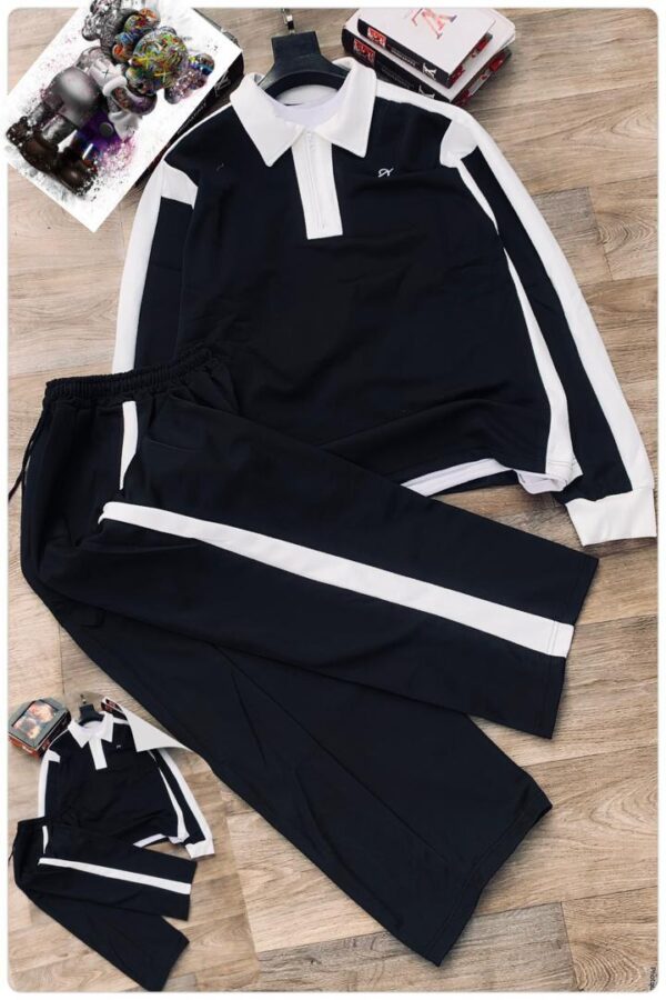 High Luxury quality Long-Sleeve Contrast Trim Half-Zip Polo Shirt + Wide Leg Sweatpants(FREE DELIVERY)