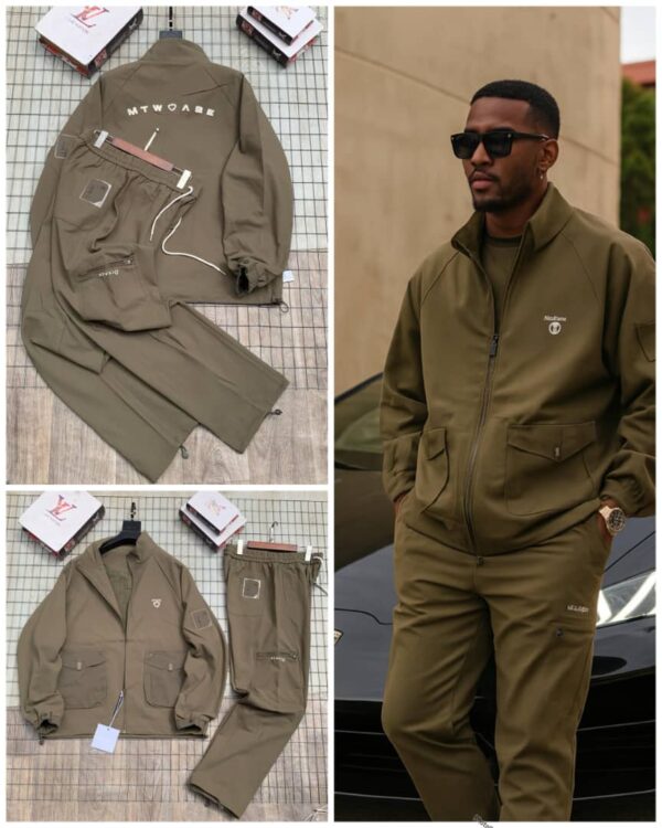 Two-piece tracksuit that includes a jacket and coordinating pants